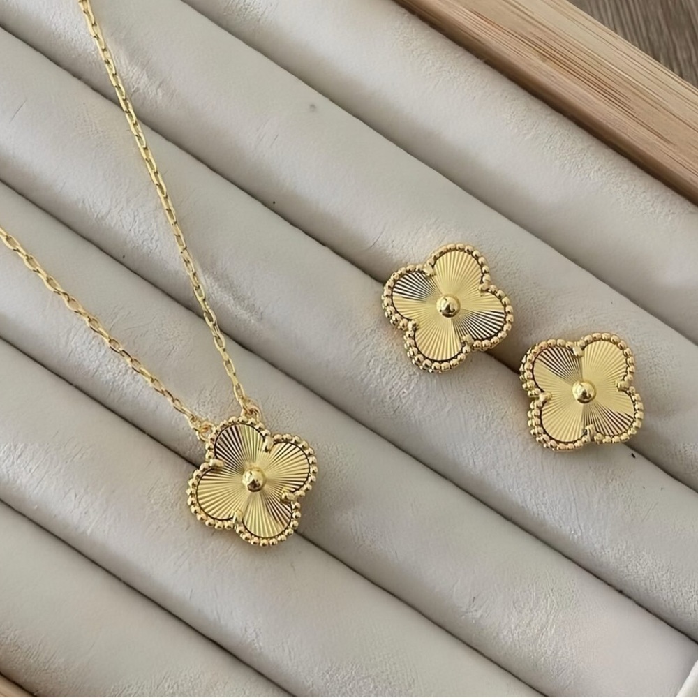 Alhambra Inspired Gold Clover Necklace and Earring Set